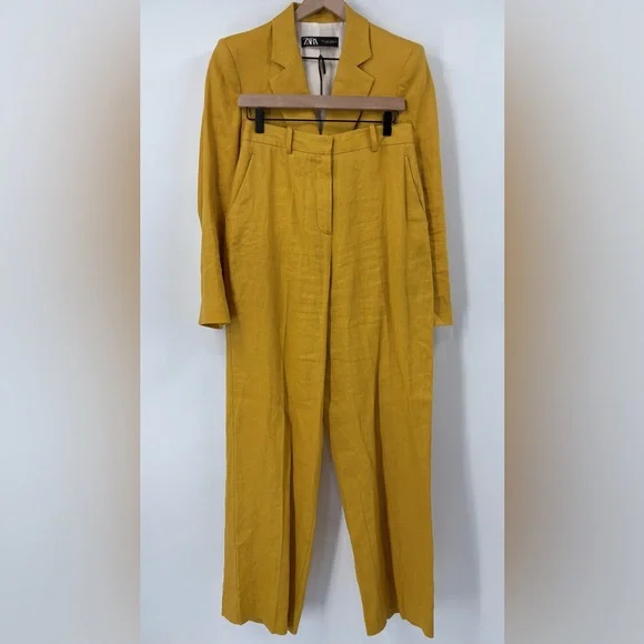 ZARA Women’s Yellow Linen Blazer Pant Set - Picture 1 of 16